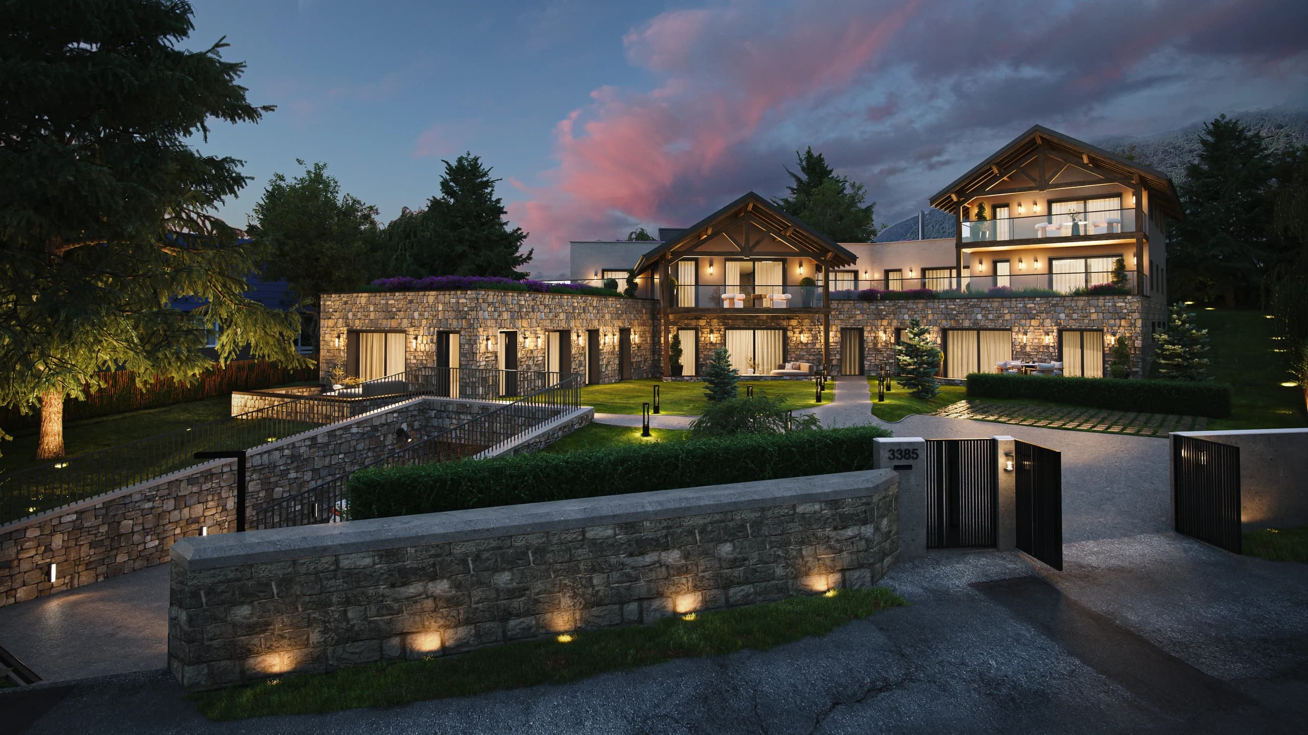 Rendu architectural du programme Le Cèdre au crépuscule, façade est vers le lac du Bourget, lumières allumées