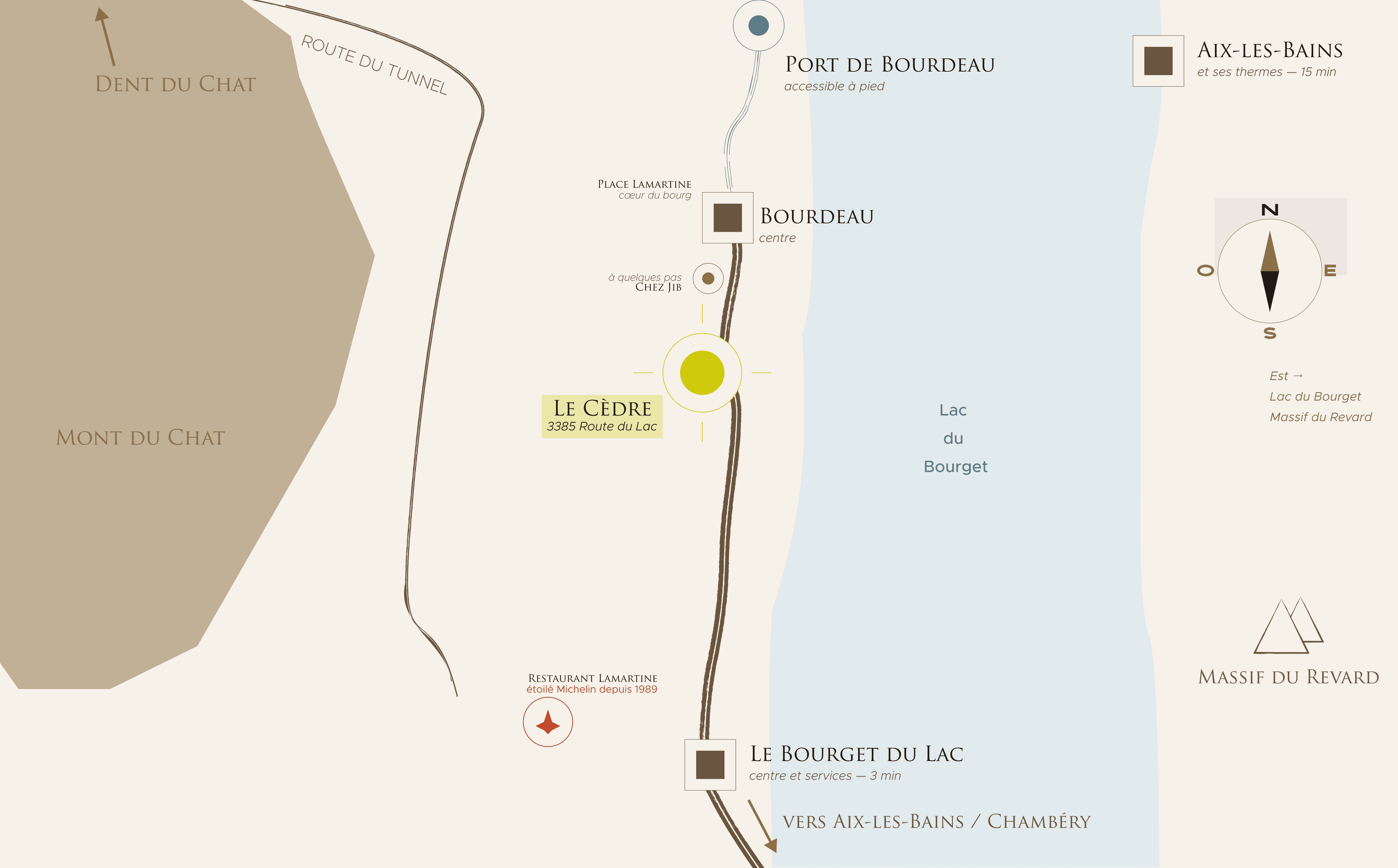 Plan de situation schématique : Le Cèdre à Bourdeau, rive ouest du lac du Bourget, entre le Mont du Chat et le massif du Revard