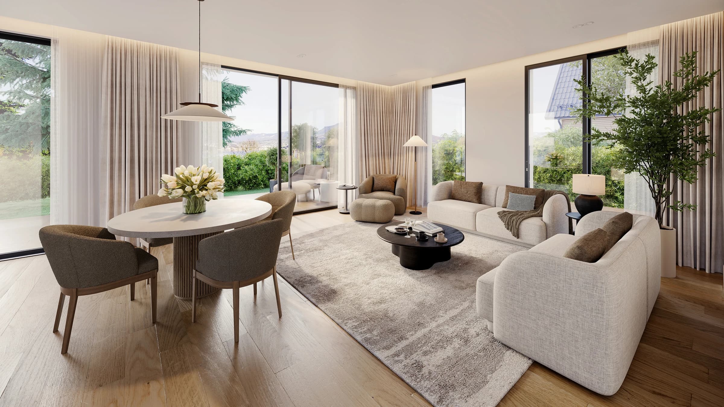 A03 — Le Pied-À-Terre, Séjour 23 m² · grandes baies au pied du Cèdre
