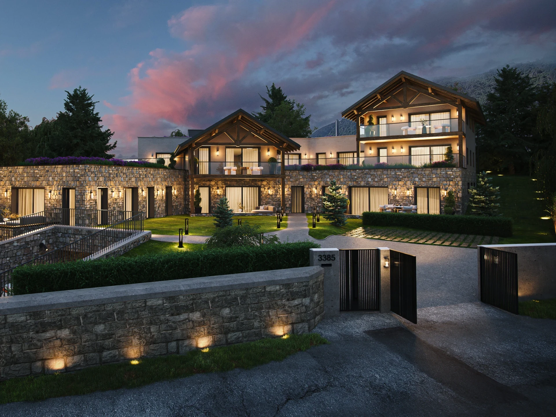 Rendu architectural du programme Le Cèdre de nuit, façade éclairée vue depuis la route du Lac, entrée au 3385