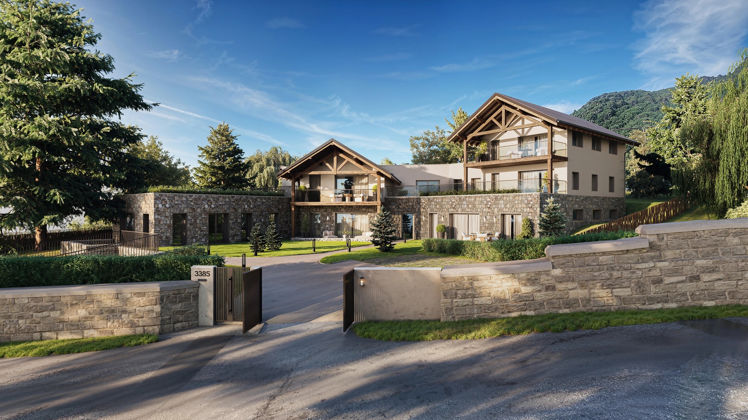 Rendu architectural du programme Le Cèdre de jour, vu de face depuis la route du Lac, entrée au 3385