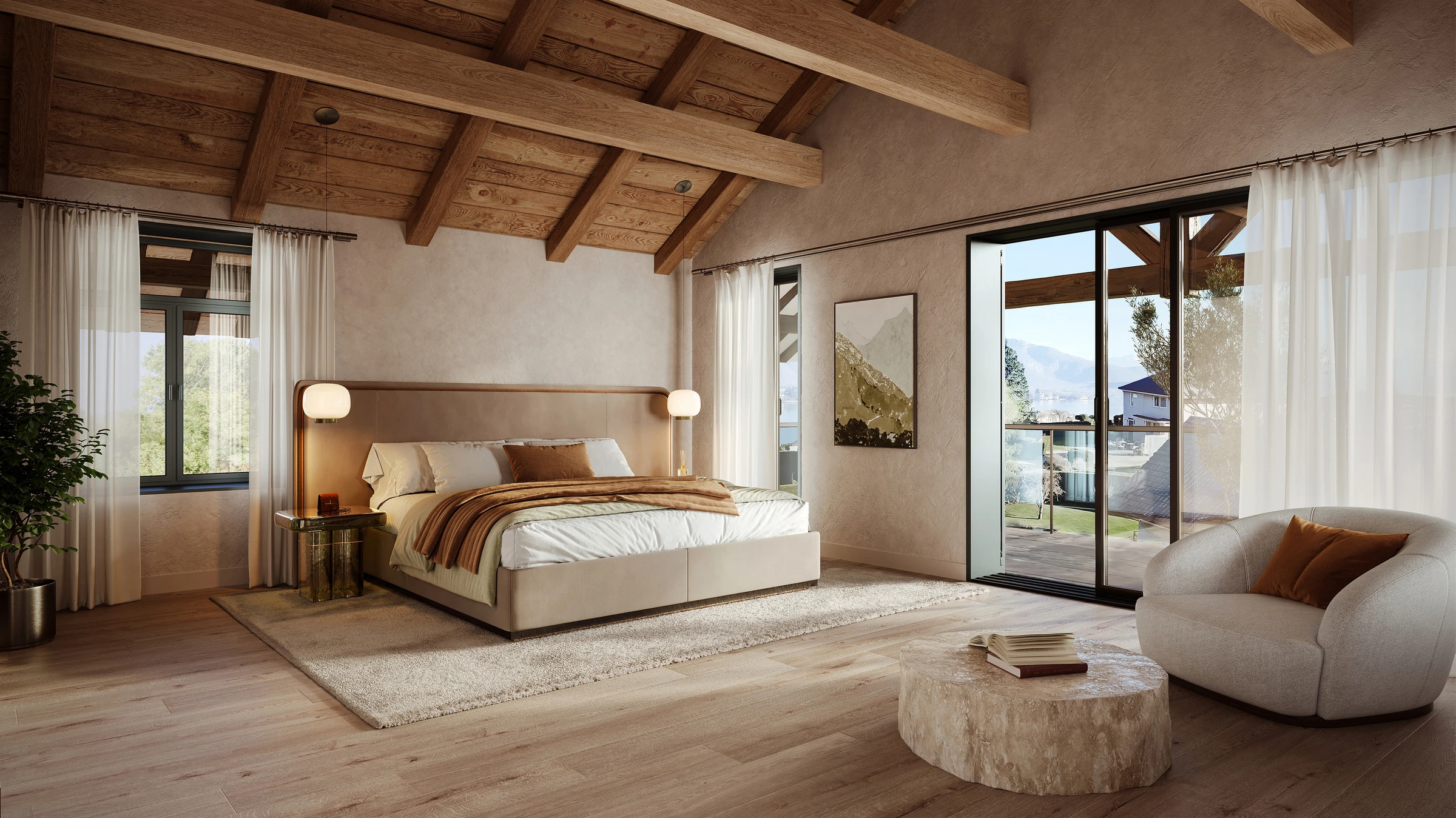Suite parentale du duplex, à l'étage, hauteur sous plafond jusqu'à 3,60 m